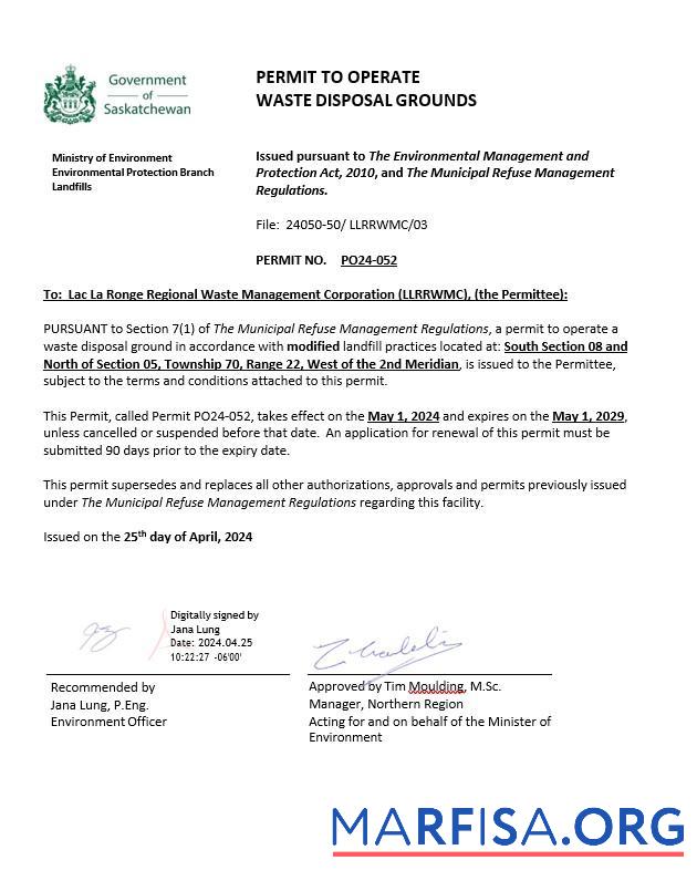 Downloadable Canada Saskatchewan Permit to operate waste disposal grounds real example